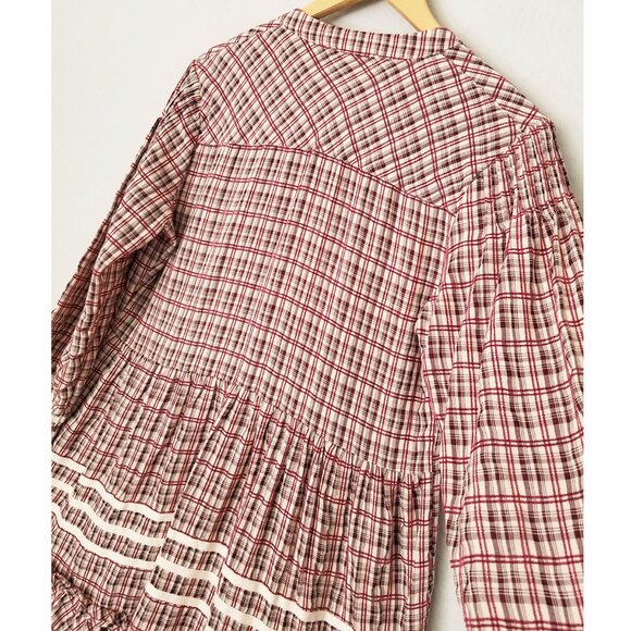 Dear John Plaid Ribbon Trim Tiered Mini Dress S Balloon Sleeves Cottagecore Boho - Picture 9 of 16